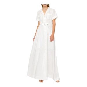 White Buttoned Tie Front Maxi Dress with V-Neck